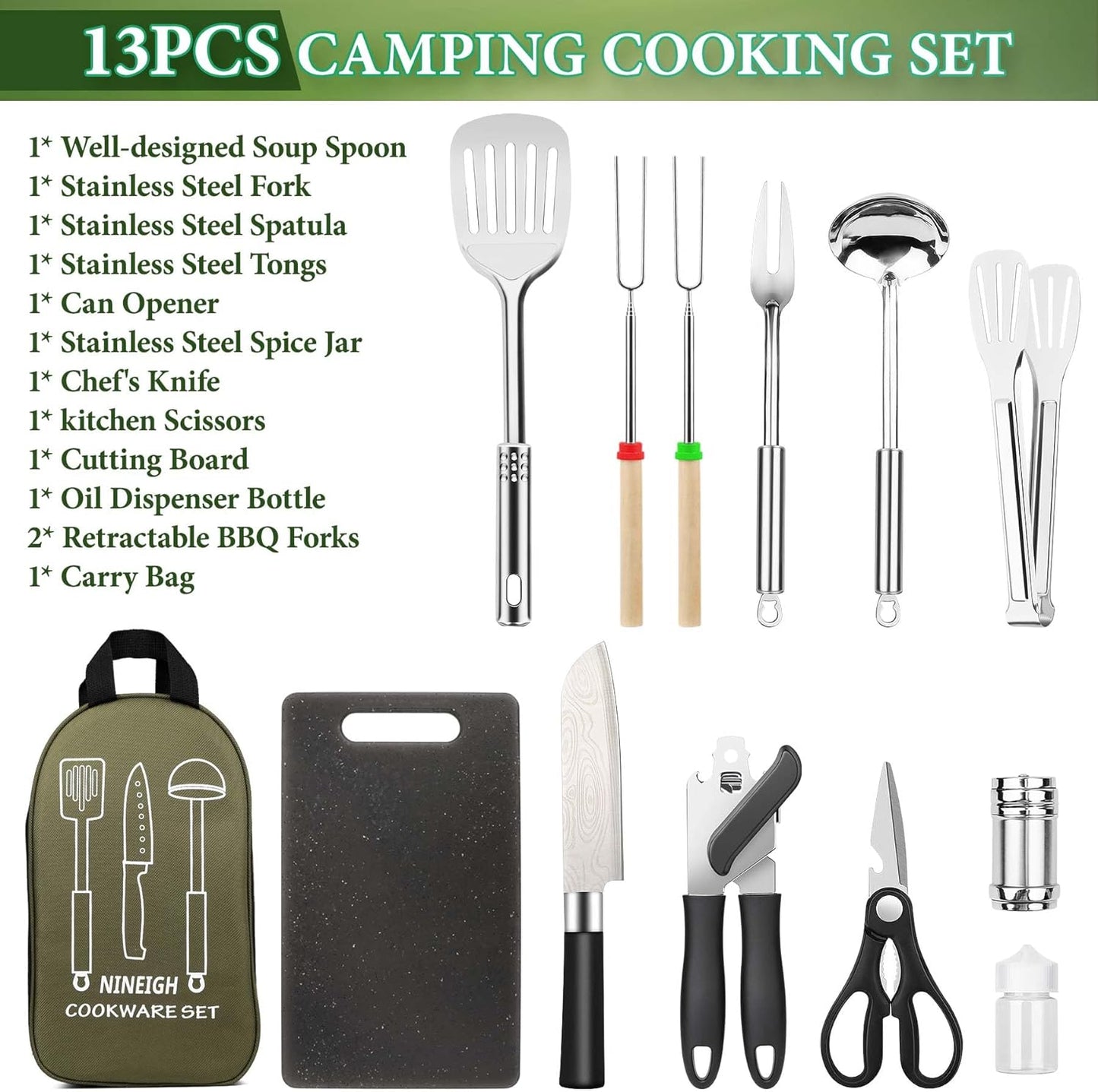 Camping Cooking Utensils Set, Stainless Steel Grill Tools, Camping BBQ Cookware Gear and Equipment for Travel Tenting RV Van Picnic Portable Kitchen Essentials Accessories(US)