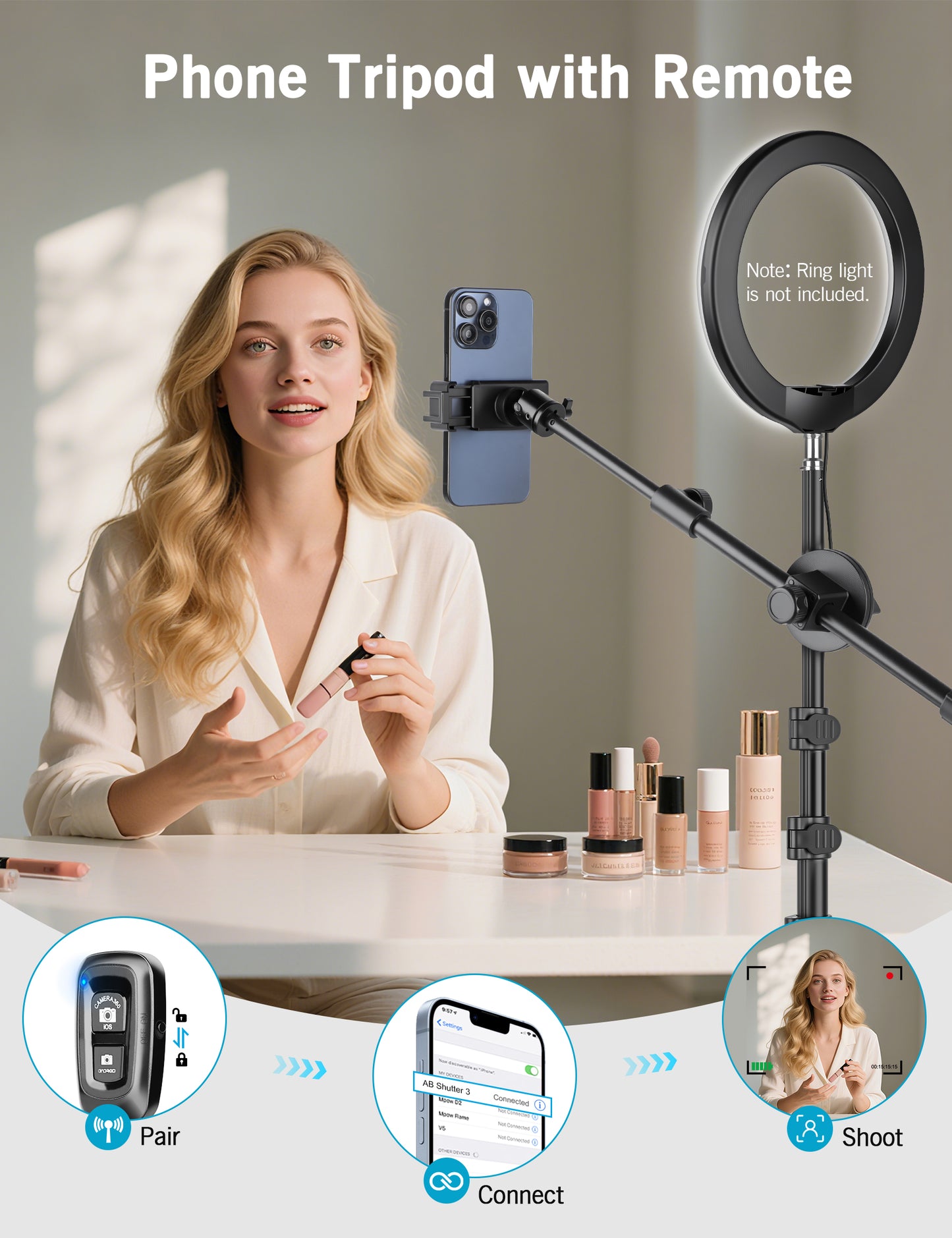 Overhead Tripod for iPhone, 64" Phone Tripod Stand with 25" Long Extendable Arm & Remote, 360° Rotating Overhead Phone Mount for Video Recording, Live Streaming, Cooking(US)