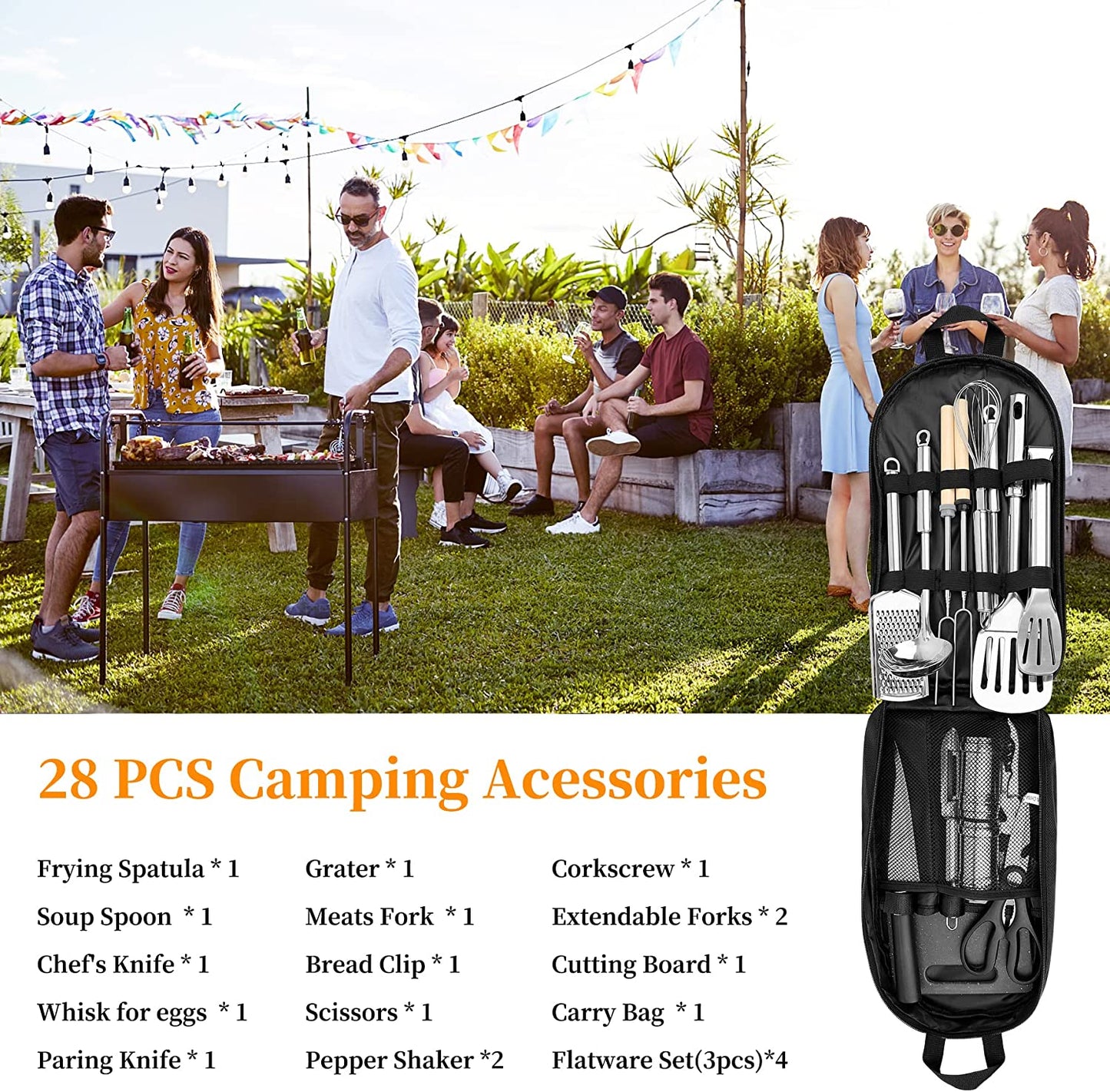 Camping Cooking Utensils Set, Stainless Steel Grill Tools, Camping BBQ Cookware Gear and Equipment for Travel Tenting RV Van Picnic Portable Kitchen Essentials Accessories(USA)