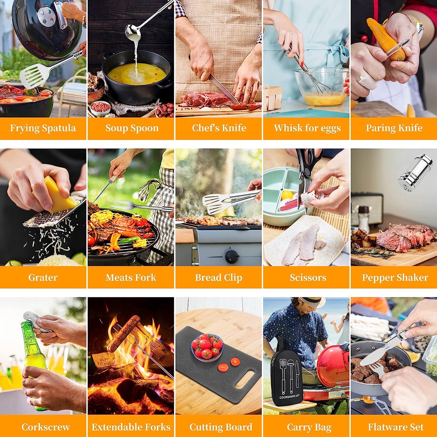 Camping Cooking Utensils Set, Stainless Steel Grill Tools, Camping BBQ Cookware Gear and Equipment for Travel Tenting RV Van Picnic Portable Kitchen Essentials Accessories(USA)