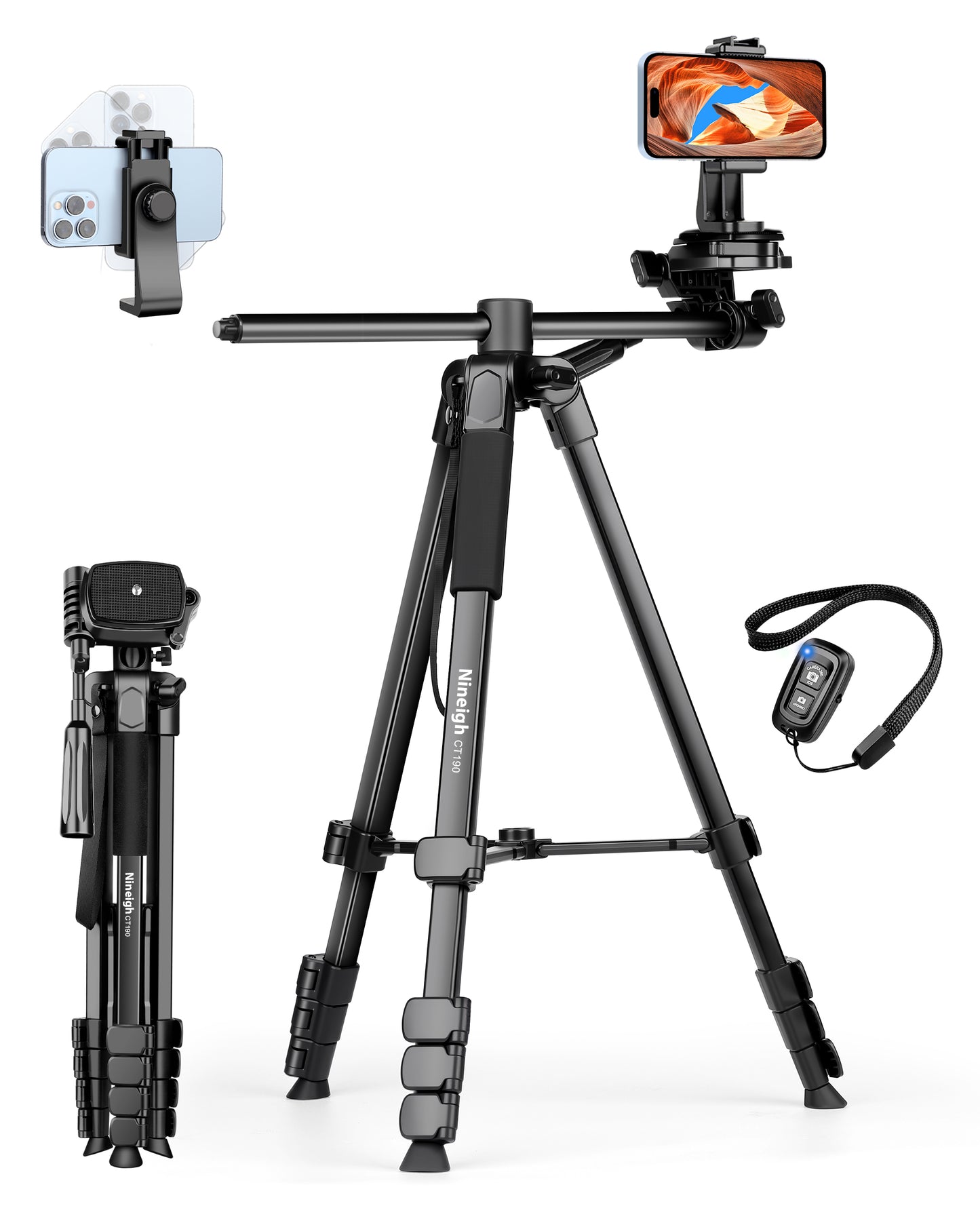 Nineigh 75" Phone Tripod Stand, Overhead Tripod for iPhone with Remote, Portable Horizontal Mount for Video, Live Streaming & Vlogging, Compatible with iPhone Camera(US)