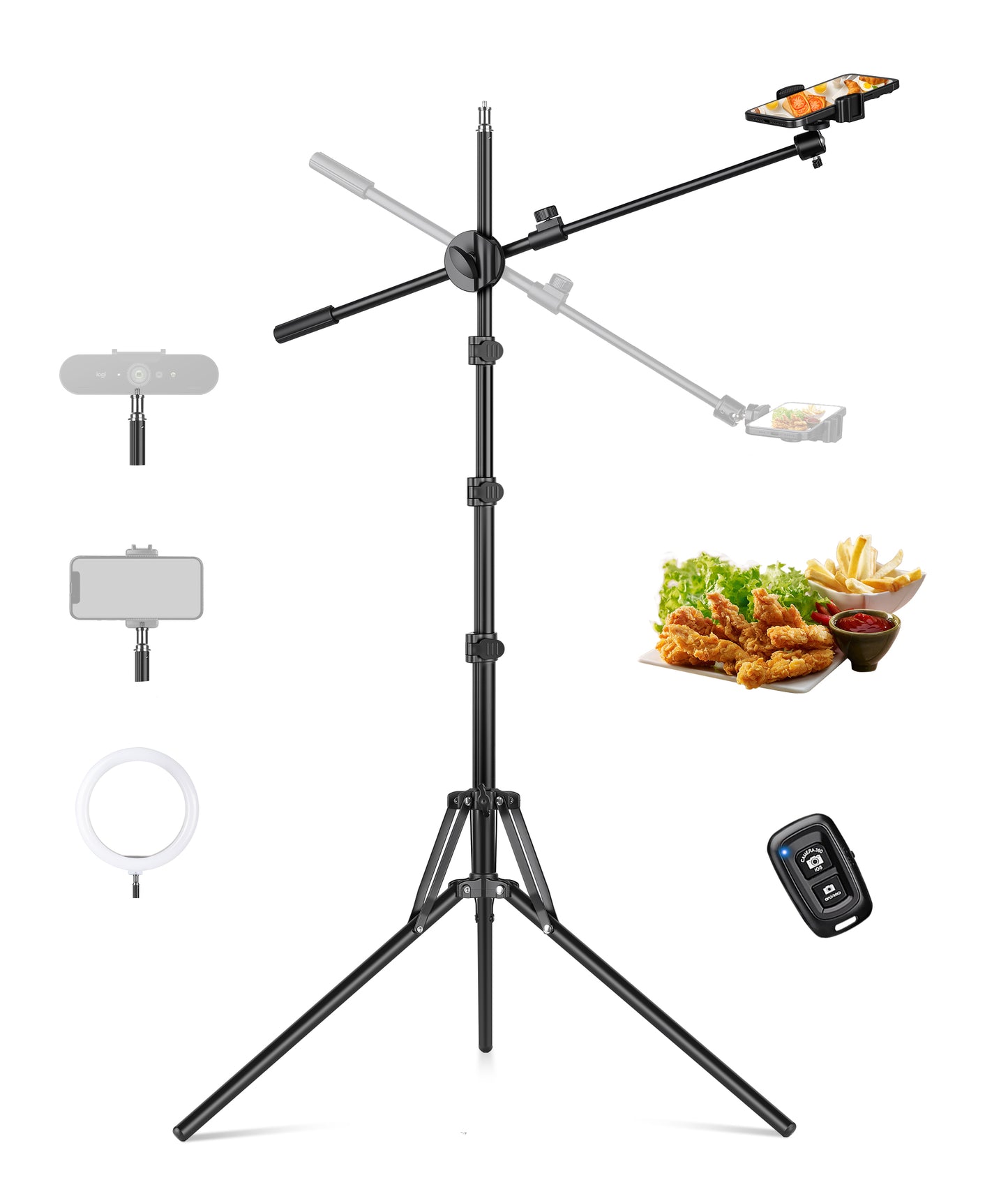 Overhead Tripod for iPhone, 64" Phone Tripod Stand with 25" Long Extendable Arm & Remote, 360° Rotating Overhead Phone Mount for Video Recording, Live Streaming, Cooking（US）
