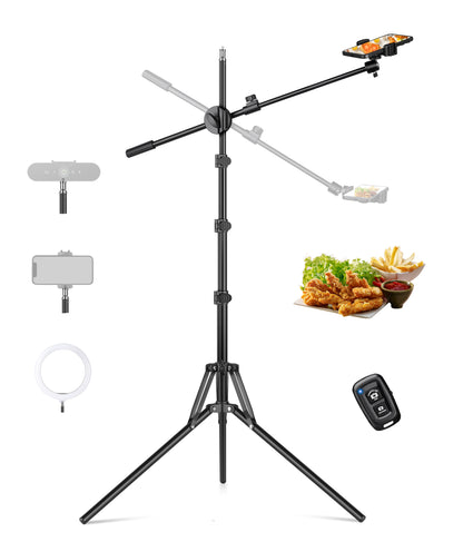 Overhead Tripod for iPhone, 64" Phone Tripod Stand with 25" Long Extendable Arm & Remote, 360° Rotating Overhead Phone Mount for Video Recording, Live Streaming, Cooking（US）