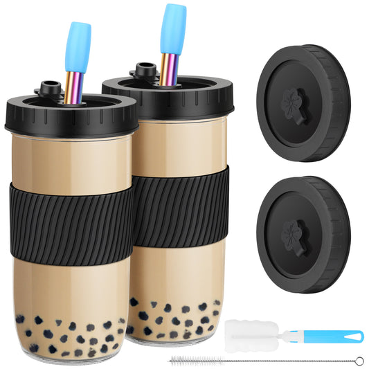 Nineigh Bubble Tea Becher 2 Stück, 730ML/24OZ Bubble Tea Set mit Strohhalm Wiederverwendbare, Glas Trinkgläser mit Deckel Auslaufsicherer Silikon für Milchshakes, Getränke, Smoothie-Schwarz(EU)