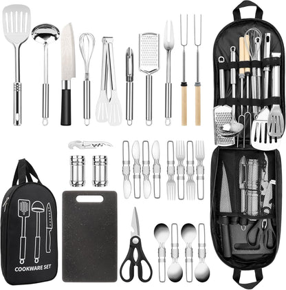 Camping Cooking Utensils Set, Stainless Steel Grill Tools, Camping BBQ Cookware Gear and Equipment for Travel Tenting RV Van Picnic Portable Kitchen Essentials Accessories(US)