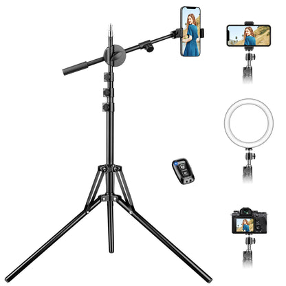 Nineigh 85'' Tall Phone Tripod, Portable Tripod for iPhone with Extendable Arm & Remote, Overhead Mobile Phone Stand for Filming, Compatible with Smartphone/Small Camera/Ring Light