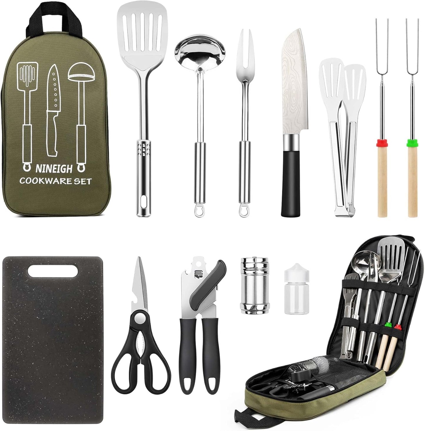 Camping Cooking Utensils Set, Stainless Steel Grill Tools, Camping BBQ Cookware Gear and Equipment for Travel Tenting RV Van Picnic Portable Kitchen Essentials Accessories(US)