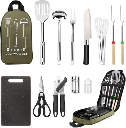 Camping Cooking Utensils Set, Stainless Steel Grill Tools, Camping BBQ Cookware Gear and Equipment for Travel Tenting RV Van Picnic Portable Kitchen Essentials Accessories(US)