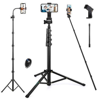 Nineigh Phone Tripod Stand, 72" Selfie Stick Tripod Portable Travel Tripods, Aluminum Hose Phone Stand Tripod for Video Recording Photo Vlog Compatible with iPhone Plus iPad Cellphone Cameras(USA)