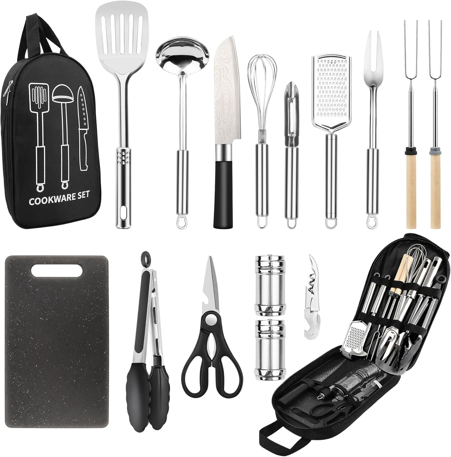Camping Cooking Utensils Set, Stainless Steel Grill Tools, Camping BBQ Cookware Gear and Equipment for Travel Tenting RV Van Picnic Portable Kitchen Essentials Accessories（US）