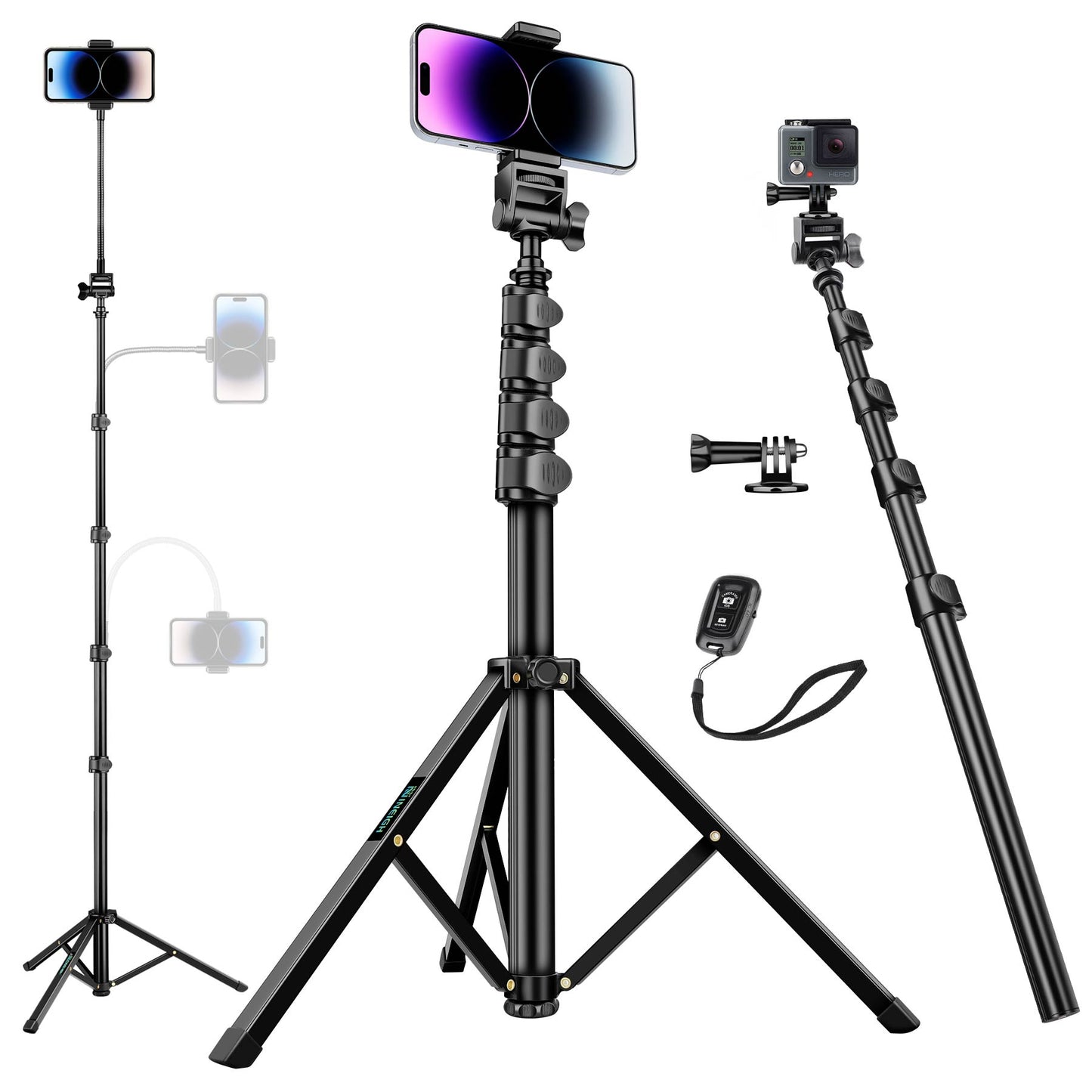 80" Phone Tripod, Selfie Stick Cellphone Tripod, Aluminum Tripods Stand for Video Photo Vlog, Travel Tripods with Gooseneck Remote Phone Holder, Compatible with iPhone Android Smartphone(US)