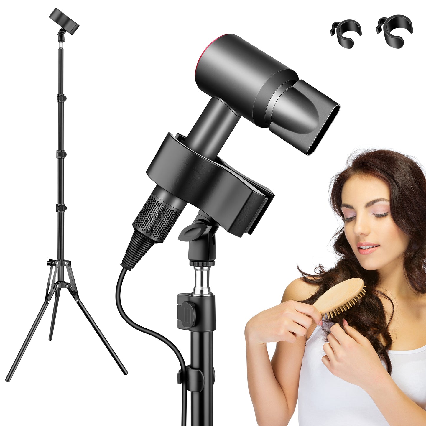 Hair Dryer Stand Hands Free, 20-63 Inch Adjustable Hair Dryer Holder with Tripod & Universal Clip, Blow Dryer Stand for Bathroom Salon Home, Perfect for Long Hair & Stylists(US)