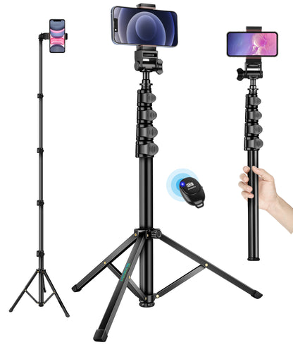 Phone Tripod, 70" Selfie Stick Tripod Stand Cell Phone Tripods with Remote Phone Holder Carry Bag, Aluminum Alloy Selfie Stick Tripods, Compatible with iPhone Samsung GoPro Smartphone(US)