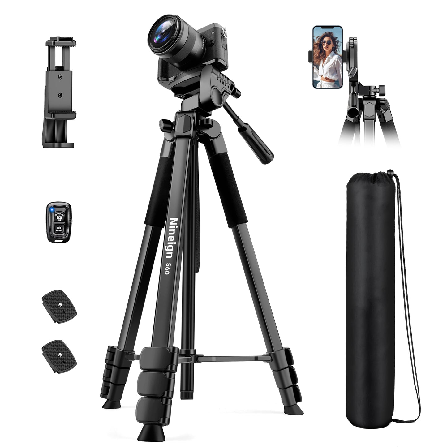 Nineigh Tripod for iPhone, 68" Mobile Phone Tripod Stand with Remote, Lightweight and Extendable Travel Tripod for Smartphone/ Small Camera(EU)
