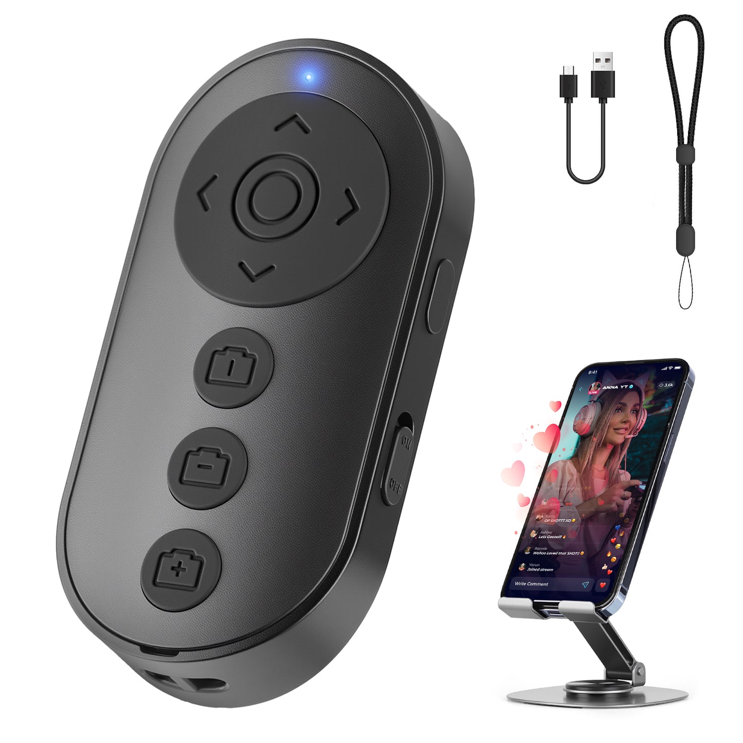 Phone Stand with Remote Wireless Remote Control, Phone Camera Remote Shutter Zoom Front/Rear Camera Switch for iPhone iPad Android Cellphone, Scrolling Remotes for TikTok, Kindle App, Photo, Video(US)