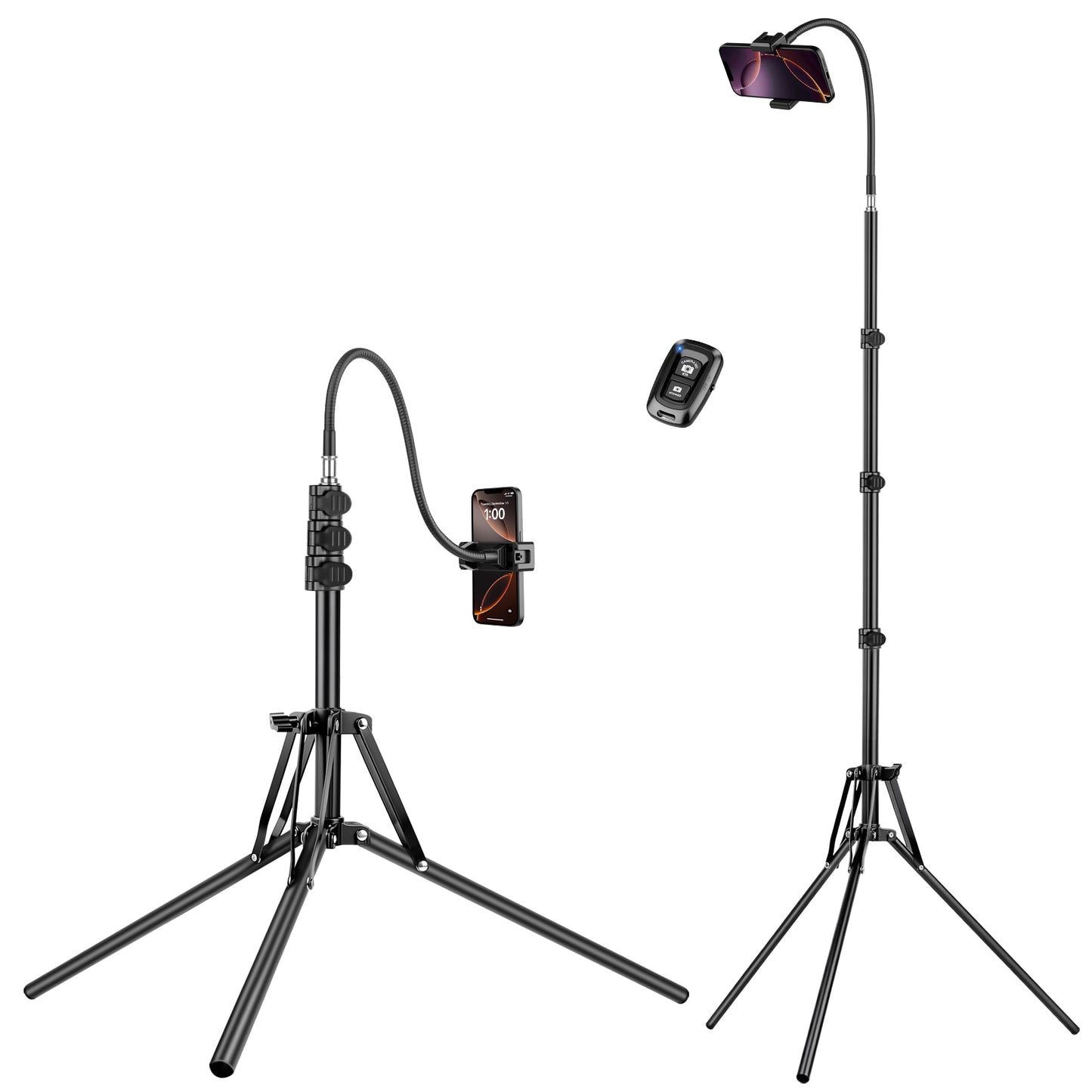 79" Tall Tripod for Smarhone, Mobile Phone Tripod with Flexible Gooseneck & Remote, Reverse Folding iPhone Stand for Filming, Compatible with Camera/Ring Light/Small Softbox(EU