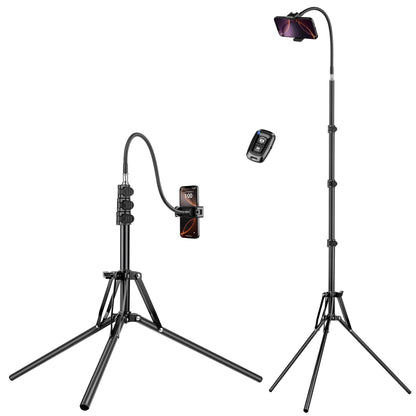 79" Tall Tripod for Smarhone, Mobile Phone Tripod with Flexible Gooseneck & Remote, Reverse Folding iPhone Stand for Filming, Compatible with Camera/Ring Light/Small Softbox(EU