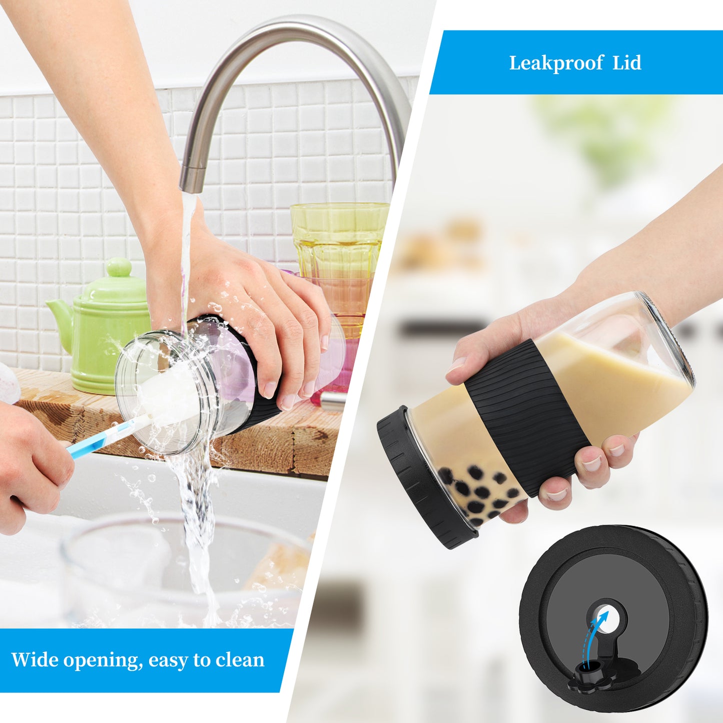 Nineigh Bubble Tea Becher 2 Stück, 730ML/24OZ Bubble Tea Set mit Strohhalm Wiederverwendbare, Glas Trinkgläser mit Deckel Auslaufsicherer Silikon für Milchshakes, Getränke, Smoothie-Schwarz(EU)