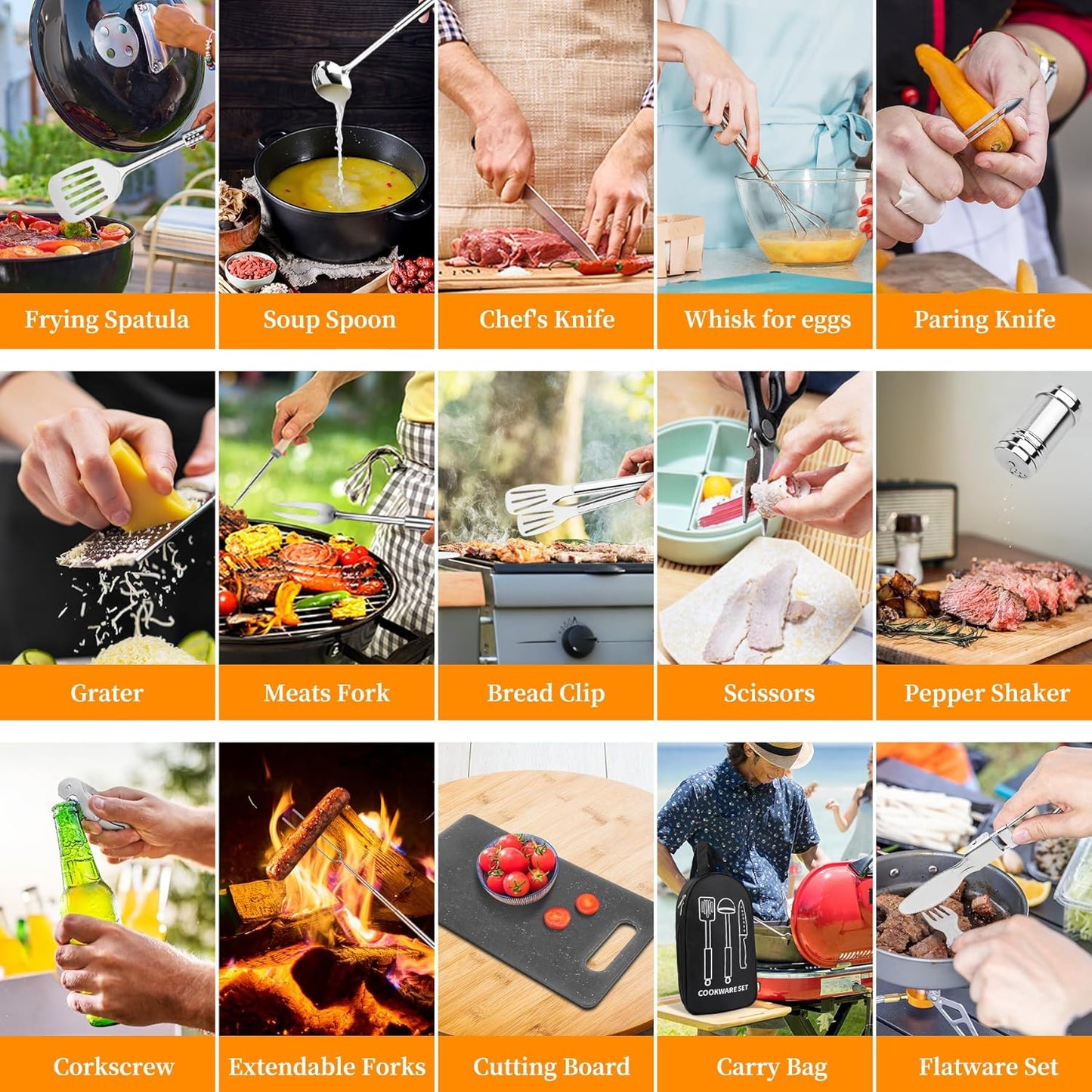 Camping Cooking Utensils Set, Stainless Steel Grill Tools, Camping BBQ Cookware Gear and Equipment for Travel Tenting RV Van Picnic Portable Kitchen Essentials Accessories(US)