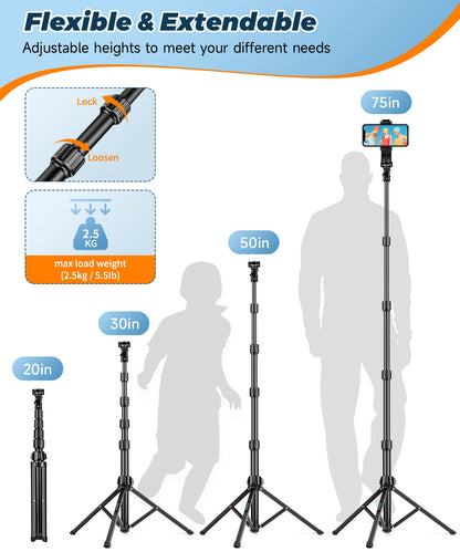 Nineigh 75'' Phone Tripod for iPhone, Lightweight Mobile Phone Tripod Stand for Filming, Extendable Selfie Tripod for Smartphone with Remote, Compatible with iOS/Andriod/Small Camera(EU)