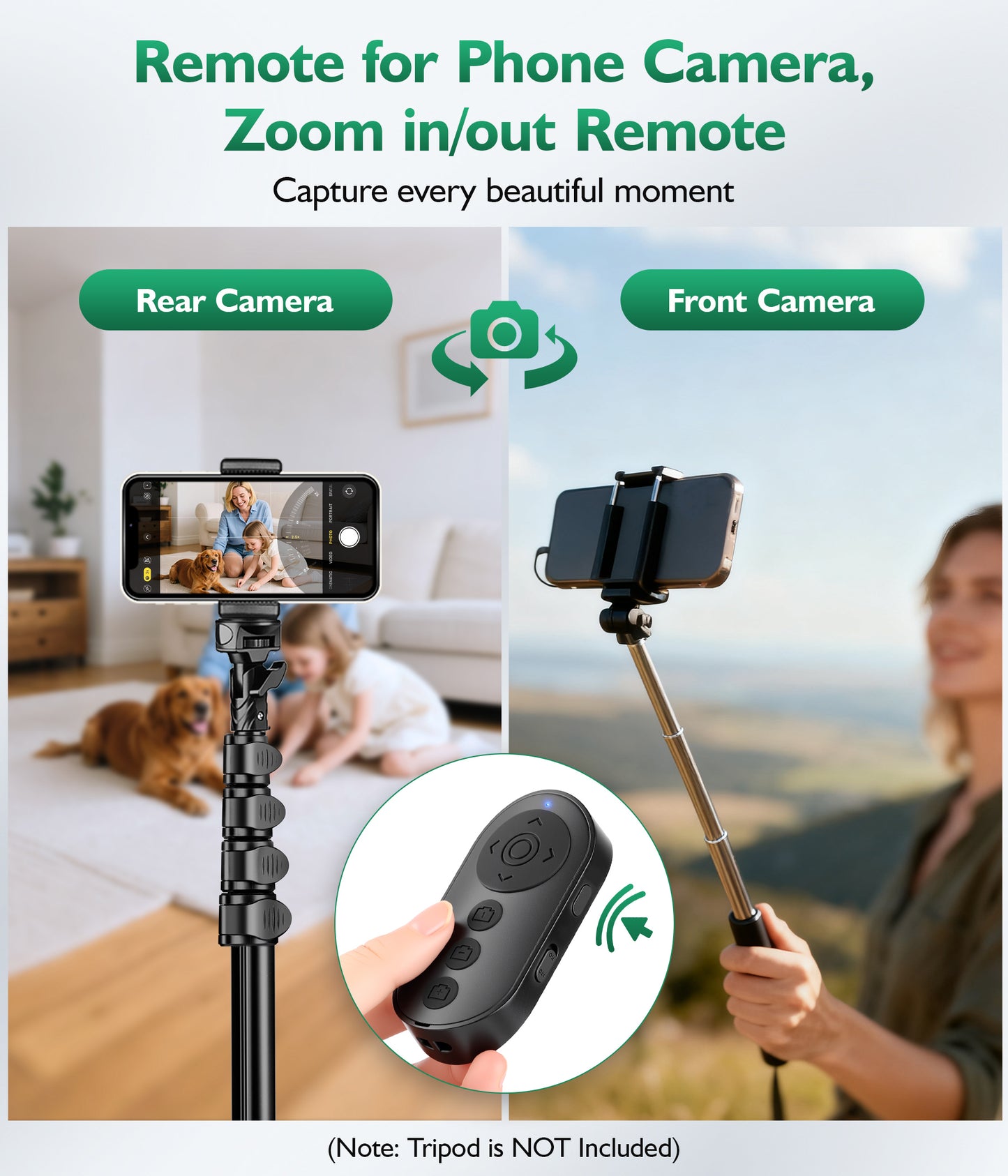 Phone Stand with Remote Wireless Remote Control, Phone Camera Remote Shutter Zoom Front/Rear Camera Switch for iPhone iPad Android Cellphone, Scrolling Remotes for TikTok, Kindle App, Photo, Video(US)