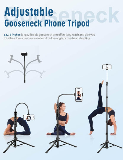 Phone Tripod, 85" Tripod for Cell Phone iPhone with Gooseneck, Aluminum Tripods Stand for Video Recording Photo Vlog, Travel Cellphone Tripod with Remote Compatible with iPhone Android（US）