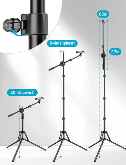 Overhead Tripod for iPhone, 64" Phone Tripod Stand with 25" Long Extendable Arm & Remote, 360° Rotating Overhead Phone Mount for Video Recording, Live Streaming, Cooking（US）