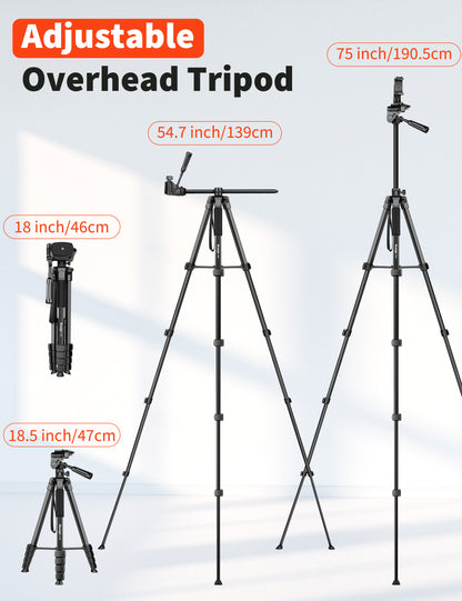 Nineigh 75" Phone Tripod Stand, Overhead Tripod for iPhone with Remote, Portable Horizontal Mount for Video, Live Streaming & Vlogging, Compatible with iPhone Camera(US)