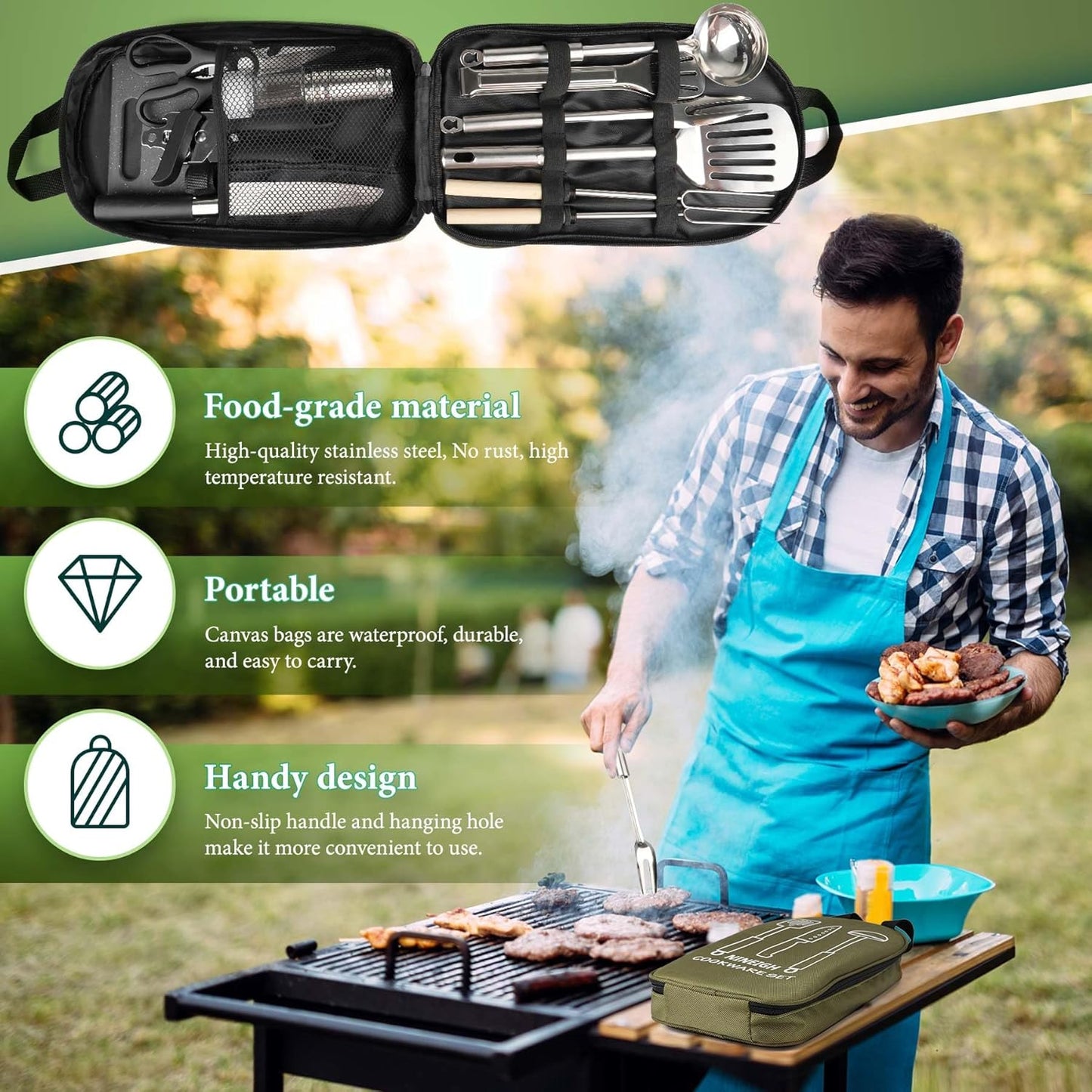 Camping Cooking Utensils Set, Stainless Steel Grill Tools, Camping BBQ Cookware Gear and Equipment for Travel Tenting RV Van Picnic Portable Kitchen Essentials Accessories(US)