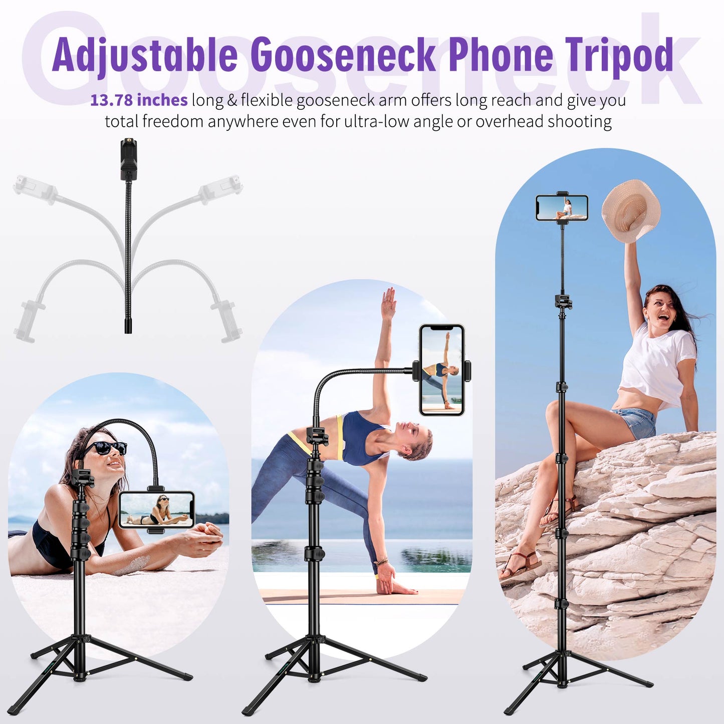 80" Phone Tripod, Selfie Stick Cellphone Tripod, Aluminum Tripods Stand for Video Photo Vlog, Travel Tripods with Gooseneck Remote Phone Holder, Compatible with iPhone Android Smartphone(US)