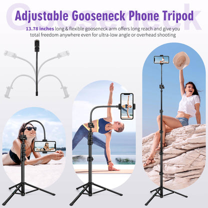 80" Phone Tripod, Selfie Stick Cellphone Tripod, Aluminum Tripods Stand for Video Photo Vlog, Travel Tripods with Gooseneck Remote Phone Holder, Compatible with iPhone Android Smartphone(US)