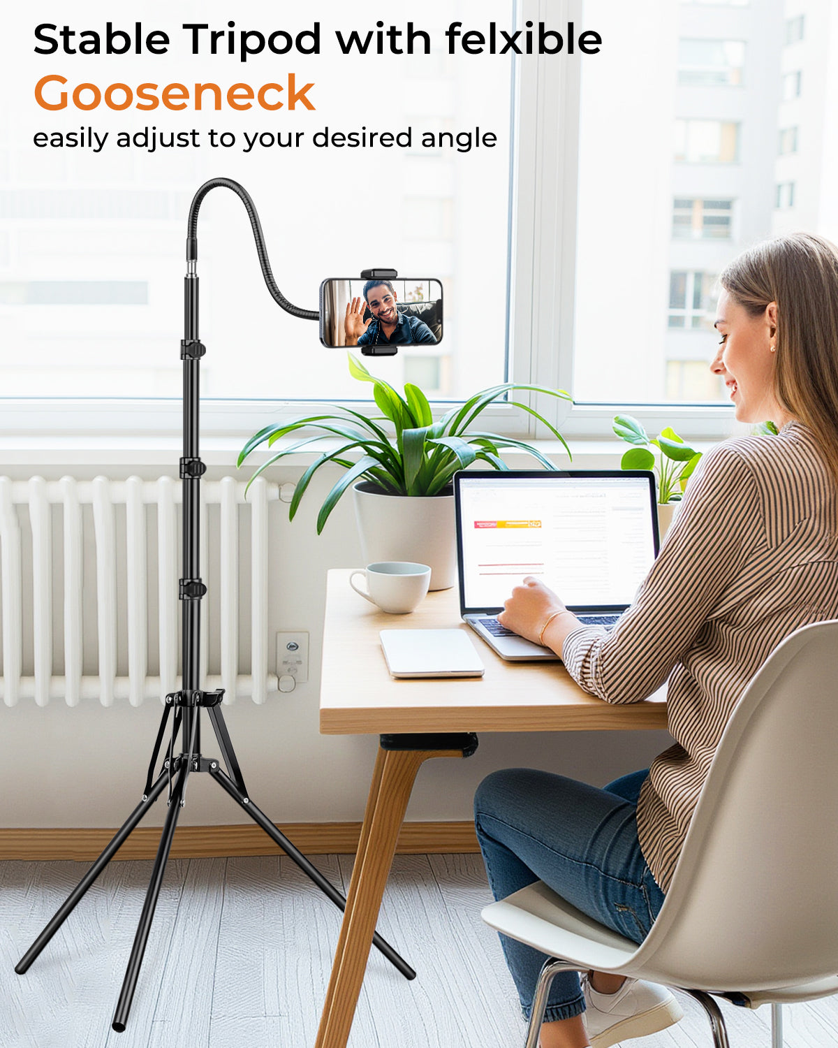 79" Tall Tripod for Smarhone, Mobile Phone Tripod with Flexible Gooseneck & Remote, Reverse Folding iPhone Stand for Filming, Compatible with Camera/Ring Light/Small Softbox(EU
