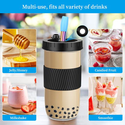 Nineigh Bubble Tea Becher 2 Stück, 730ML/24OZ Bubble Tea Set mit Strohhalm Wiederverwendbare, Glas Trinkgläser mit Deckel Auslaufsicherer Silikon für Milchshakes, Getränke, Smoothie-Schwarz(EU)