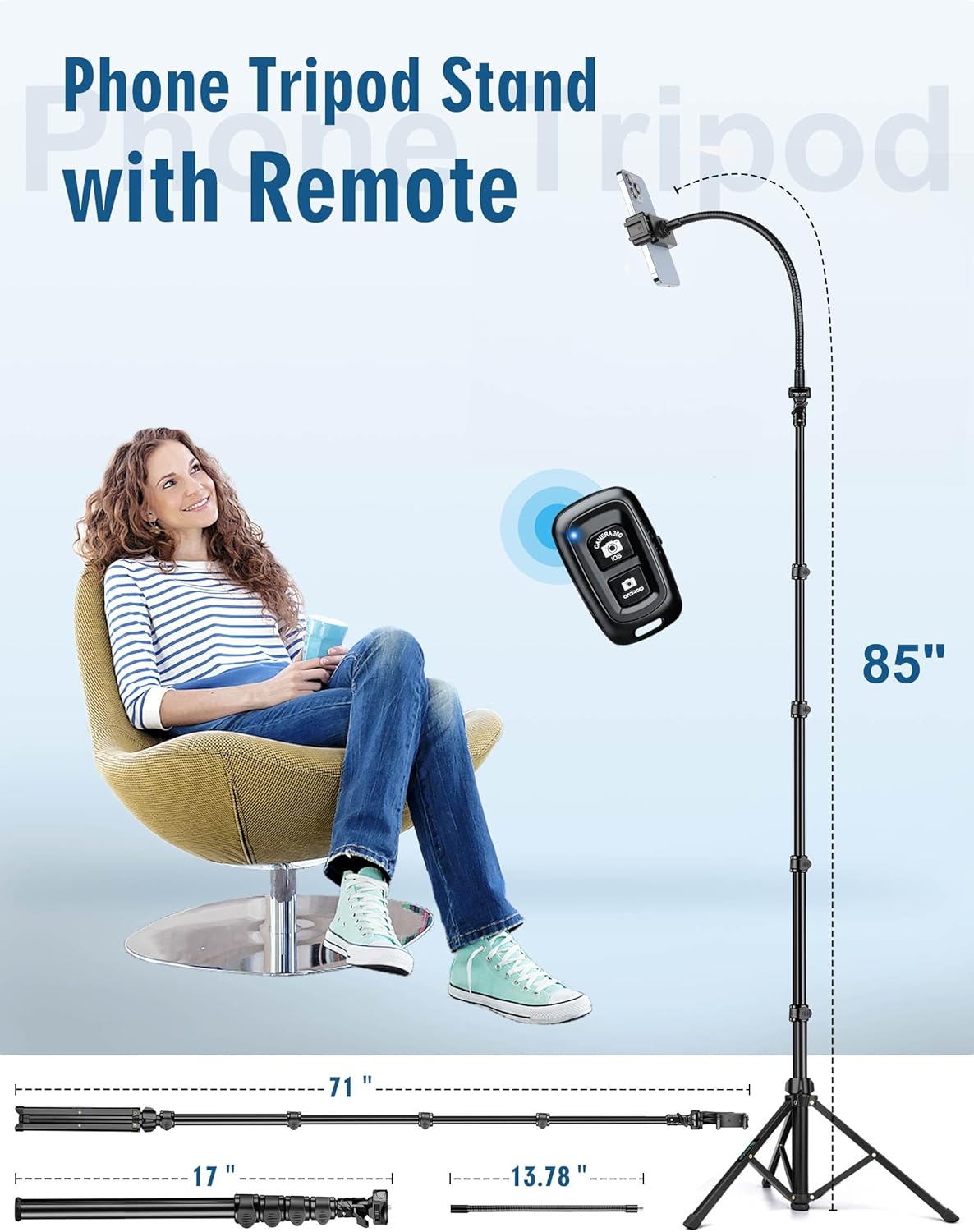 Phone Tripod, 85" Tripod for Cell Phone iPhone with Gooseneck, Aluminum Tripods Stand for Video Recording Photo Vlog, Travel Cellphone Tripod with Remote Compatible with iPhone Android（US）