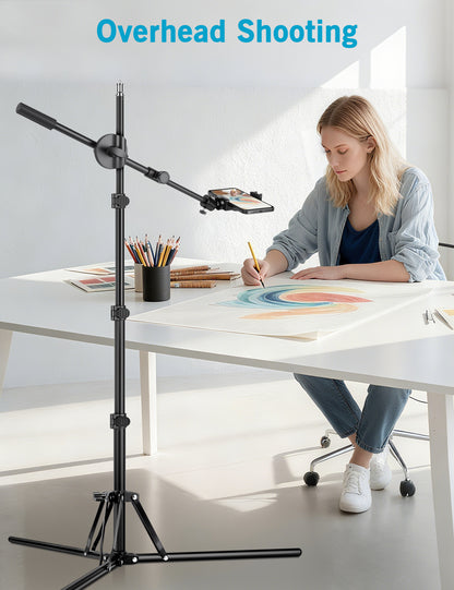Overhead Tripod for iPhone, 64" Phone Tripod Stand with 25" Long Extendable Arm & Remote, 360° Rotating Overhead Phone Mount for Video Recording, Live Streaming, Cooking（US）