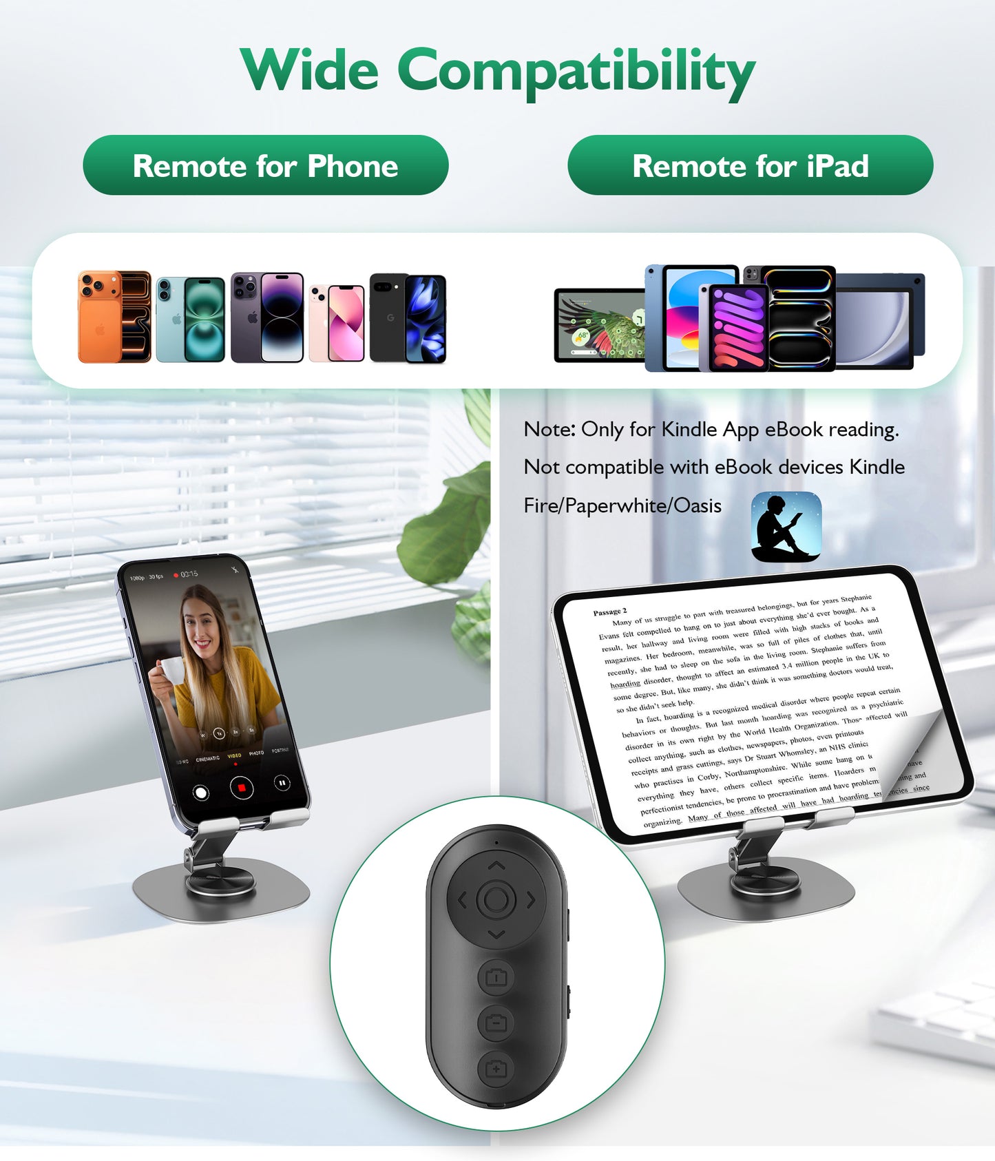 Phone Stand with Remote Wireless Remote Control, Phone Camera Remote Shutter Zoom Front/Rear Camera Switch for iPhone iPad Android Cellphone, Scrolling Remotes for TikTok, Kindle App, Photo, Video(US)