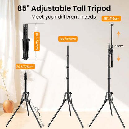 Nineigh 85'' Tall Phone Tripod, Portable Tripod for iPhone with Extendable Arm & Remote, Overhead Mobile Phone Stand for Filming, Compatible with Smartphone/Small Camera/Ring Light