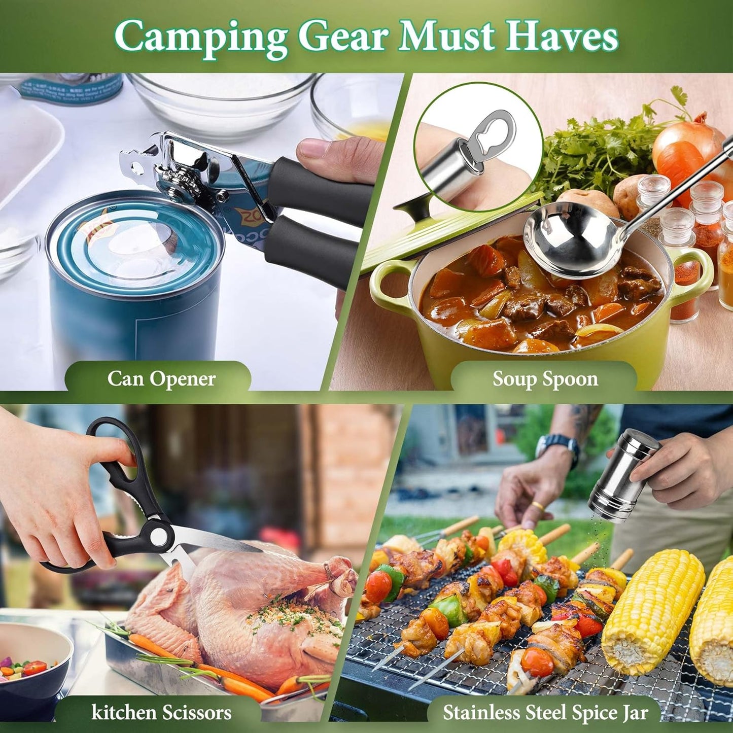 Camping Cooking Utensils Set, Stainless Steel Grill Tools, Camping BBQ Cookware Gear and Equipment for Travel Tenting RV Van Picnic Portable Kitchen Essentials Accessories(US)