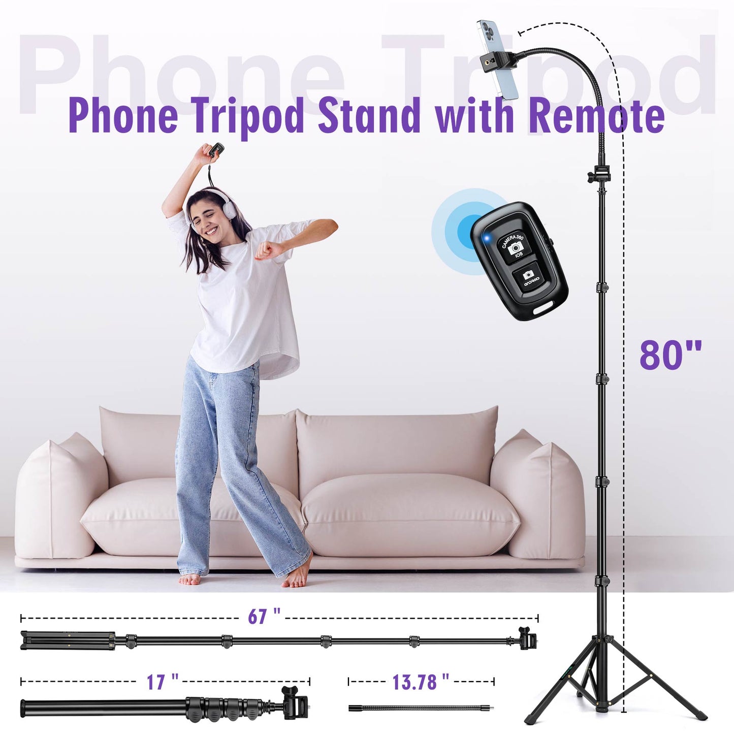 80" Phone Tripod, Selfie Stick Cellphone Tripod, Aluminum Tripods Stand for Video Photo Vlog, Travel Tripods with Gooseneck Remote Phone Holder, Compatible with iPhone Android Smartphone(US)