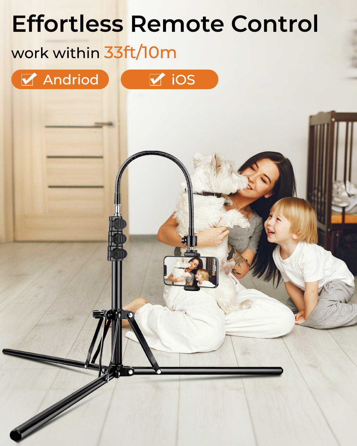 79" Tall Tripod for Smarhone, Mobile Phone Tripod with Flexible Gooseneck & Remote, Reverse Folding iPhone Stand for Filming, Compatible with Camera/Ring Light/Small Softbox(EU