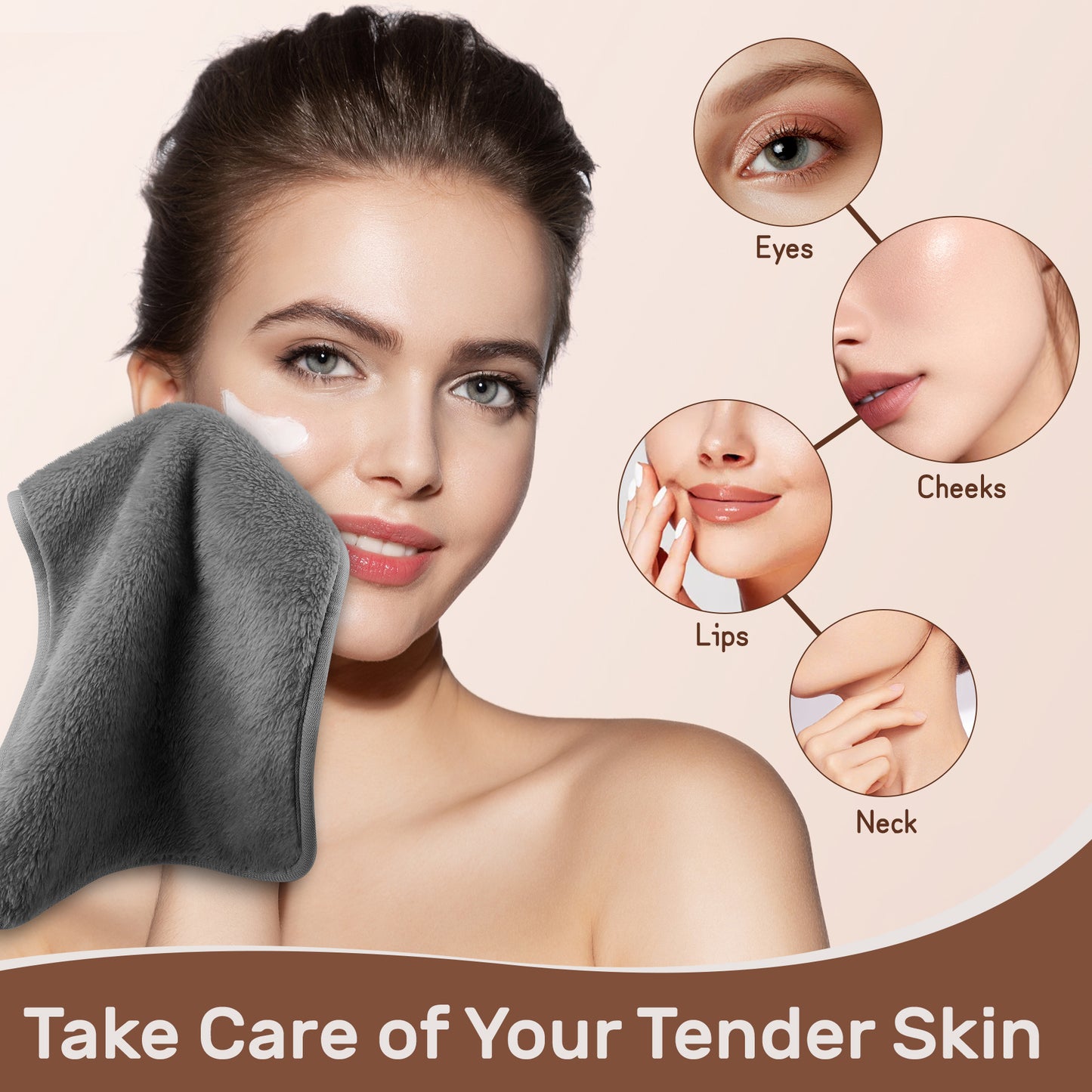 Makeup Remover Cloth, Microfiber Flannel Face Cloth 4pcs Reusable Facial Cleansing Cloth for All Skin Types Make Up Removing(18x33 cm, Grey（EU）