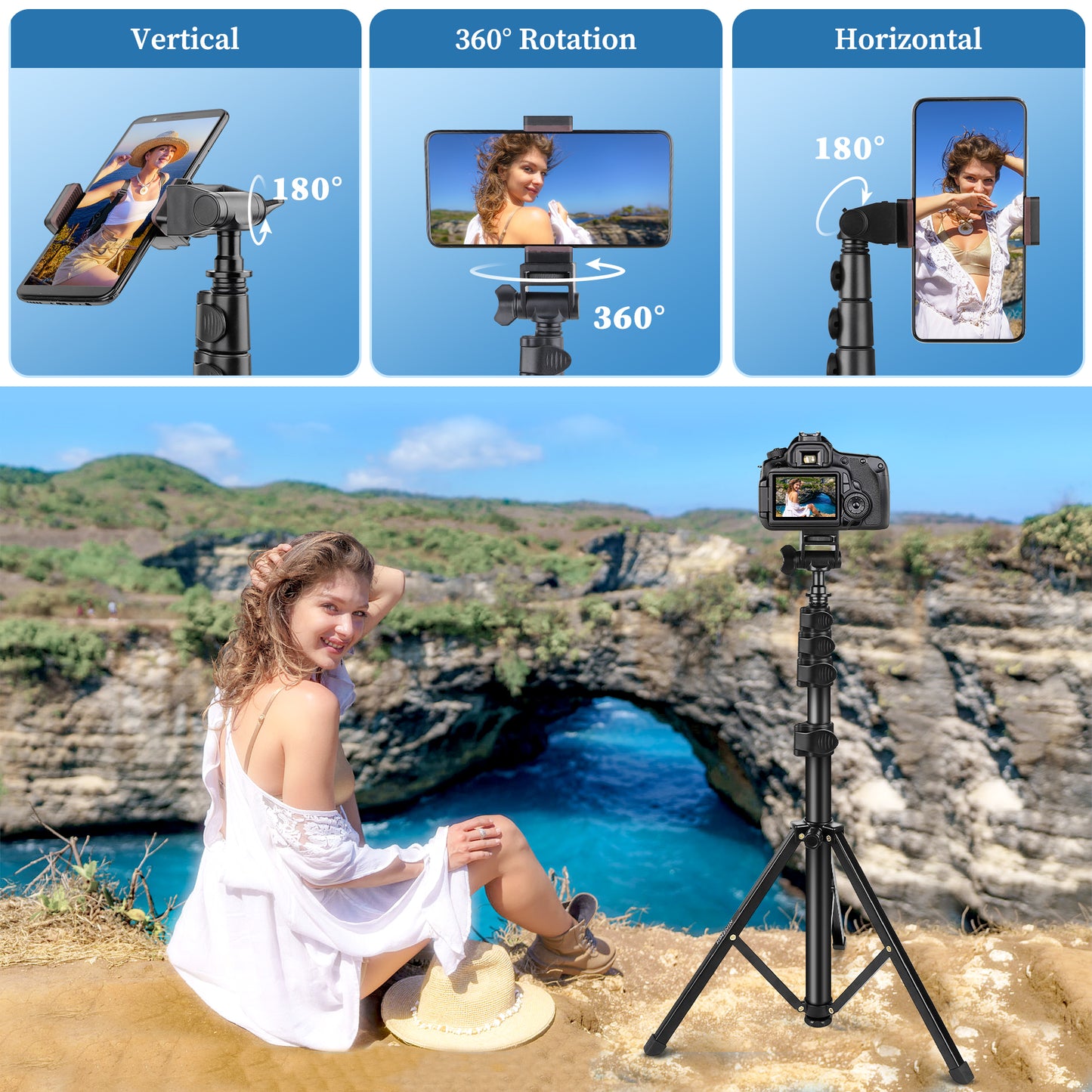 Phone Tripod, 70" Selfie Stick Tripod Stand Cell Phone Tripods with Remote Phone Holder Carry Bag, Aluminum Alloy Selfie Stick Tripods, Compatible with iPhone Samsung GoPro Smartphone(US)