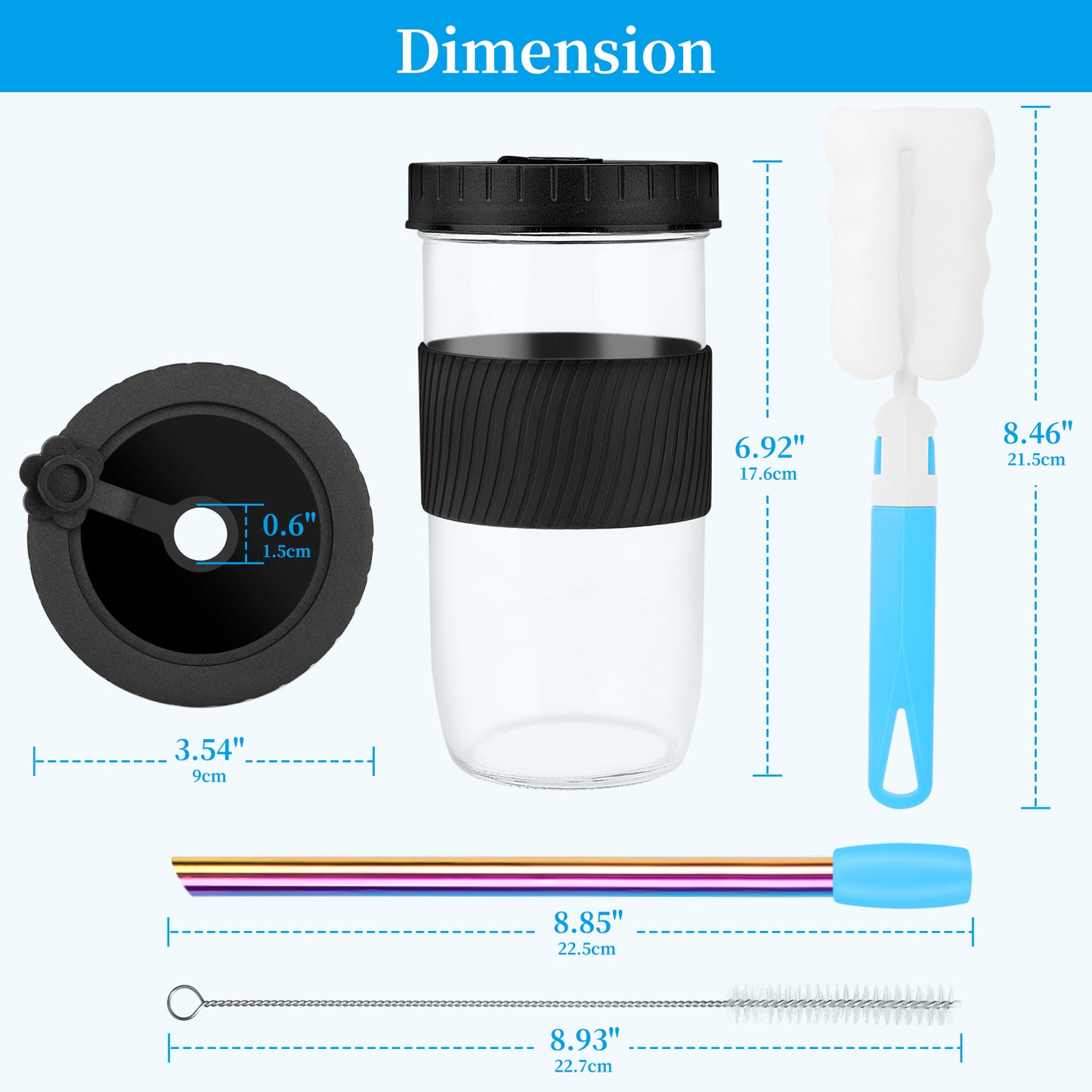 Nineigh Bubble Tea Becher 2 Stück, 730ML/24OZ Bubble Tea Set mit Strohhalm Wiederverwendbare, Glas Trinkgläser mit Deckel Auslaufsicherer Silikon für Milchshakes, Getränke, Smoothie-Schwarz(EU)