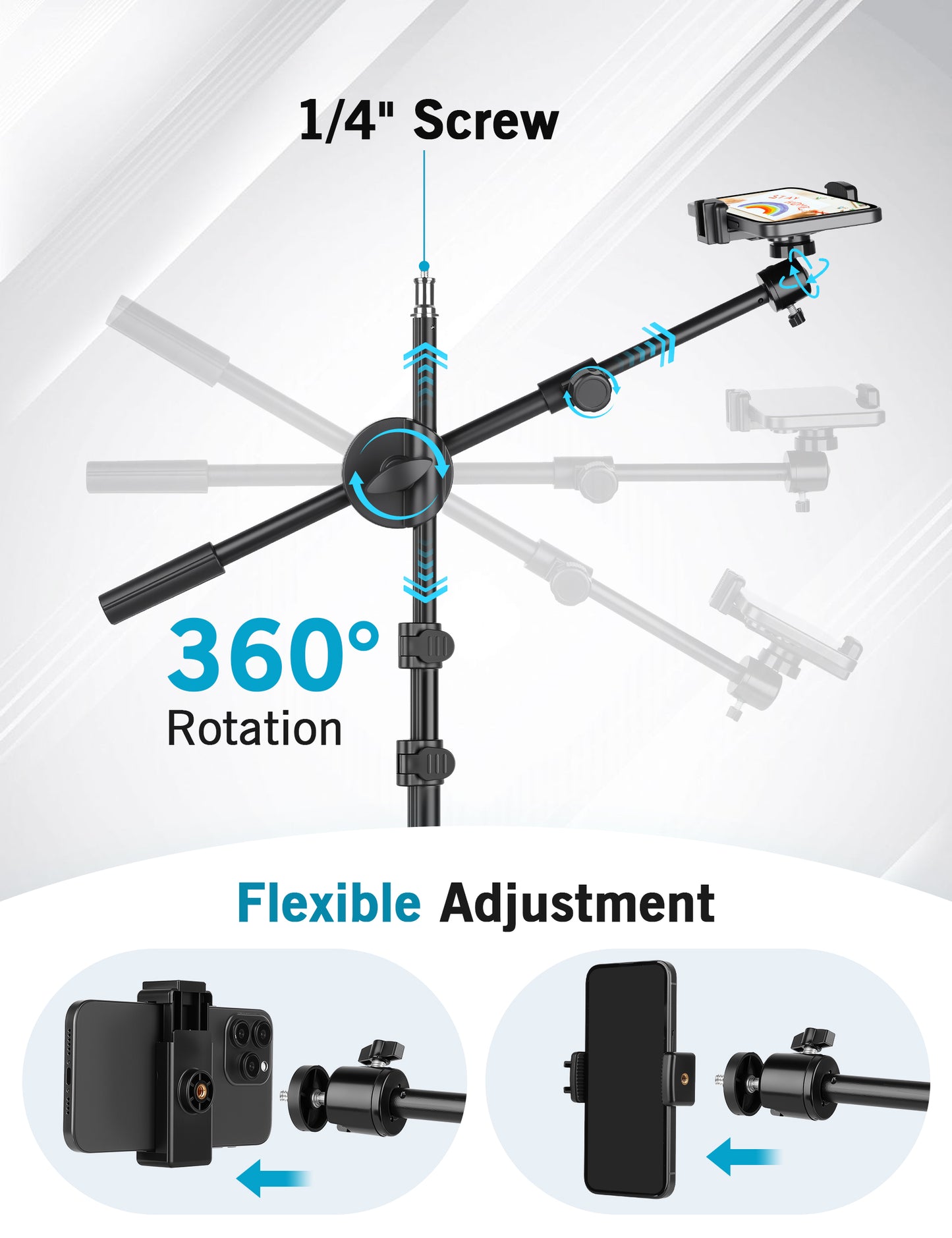 Overhead Tripod for iPhone, 64" Phone Tripod Stand with 25" Long Extendable Arm & Remote, 360° Rotating Overhead Phone Mount for Video Recording, Live Streaming, Cooking（US）