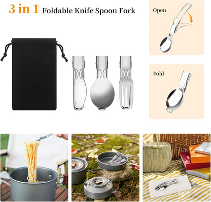 Camping Cooking Utensils Set, Stainless Steel Grill Tools, Camping BBQ Cookware Gear and Equipment for Travel Tenting RV Van Picnic Portable Kitchen Essentials Accessories(US)