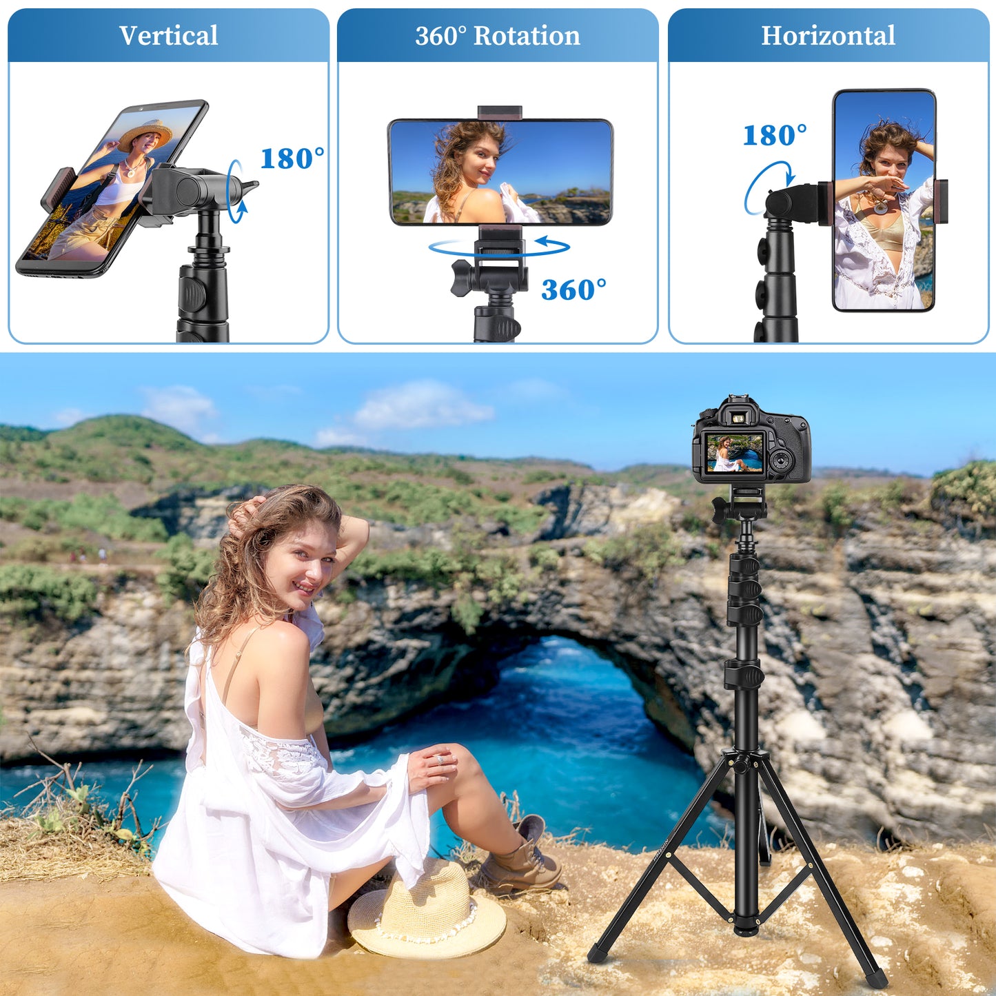 Phone Tripod, 70" Selfie Stick Tripod Stand Cell Phone Tripods with Remote Phone Holder Carry Bag, Aluminum Alloy Selfie Stick Tripods, Compatible with iPhone Samsung GoPro Smartphone(US)