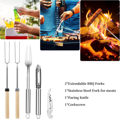 Camping Cooking Utensils Set, Stainless Steel Grill Tools, Camping BBQ Cookware Gear and Equipment for Travel Tenting RV Van Picnic Portable Kitchen Essentials Accessories（US）