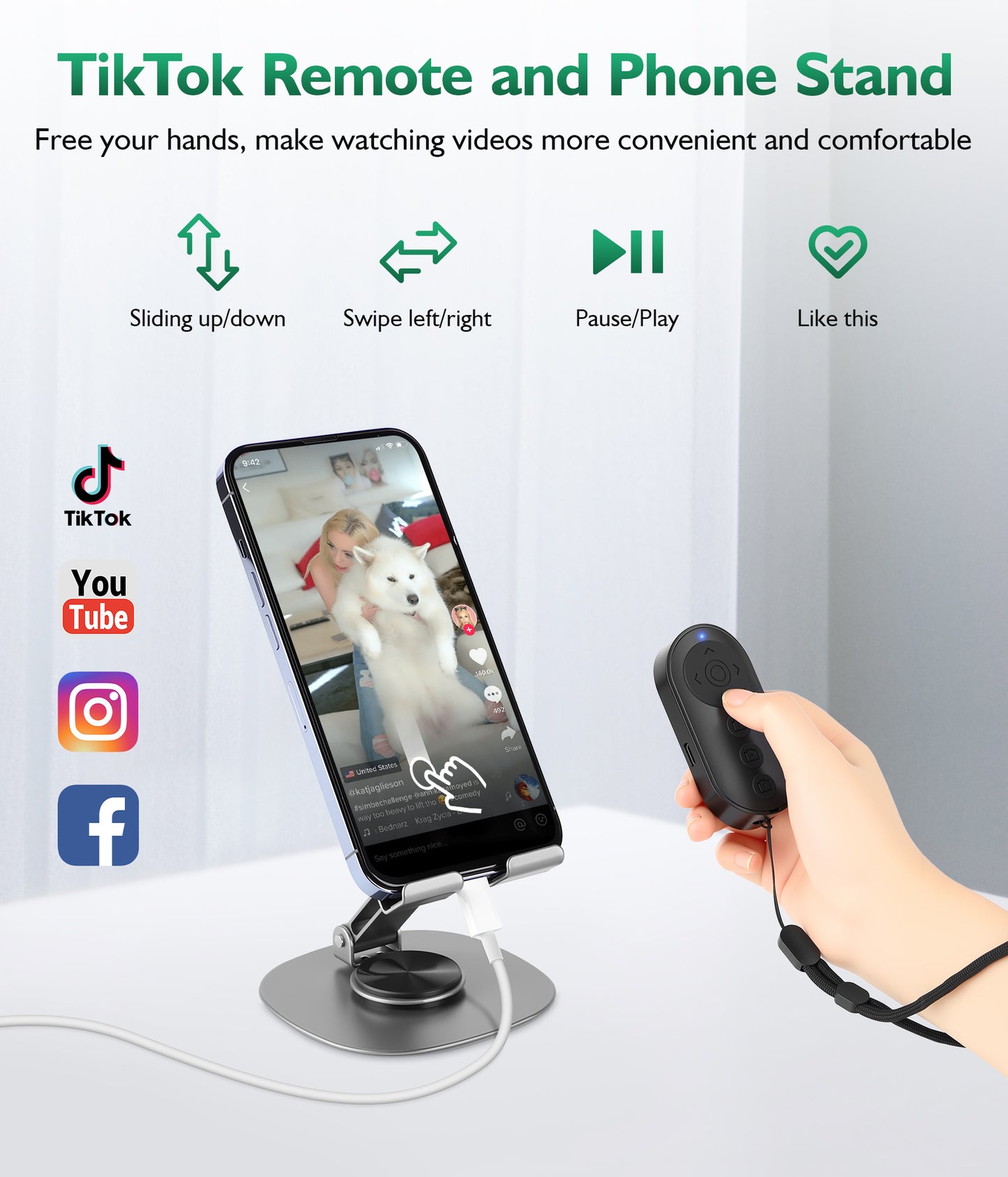 Phone Stand with Remote Wireless Remote Control, Phone Camera Remote Shutter Zoom Front/Rear Camera Switch for iPhone iPad Android Cellphone, Scrolling Remotes for TikTok, Kindle App, Photo, Video(US)