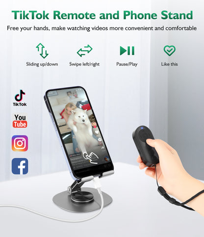 Phone Stand with Remote Wireless Remote Control, Phone Camera Remote Shutter Zoom Front/Rear Camera Switch for iPhone iPad Android Cellphone, Scrolling Remotes for TikTok, Kindle App, Photo, Video(US)