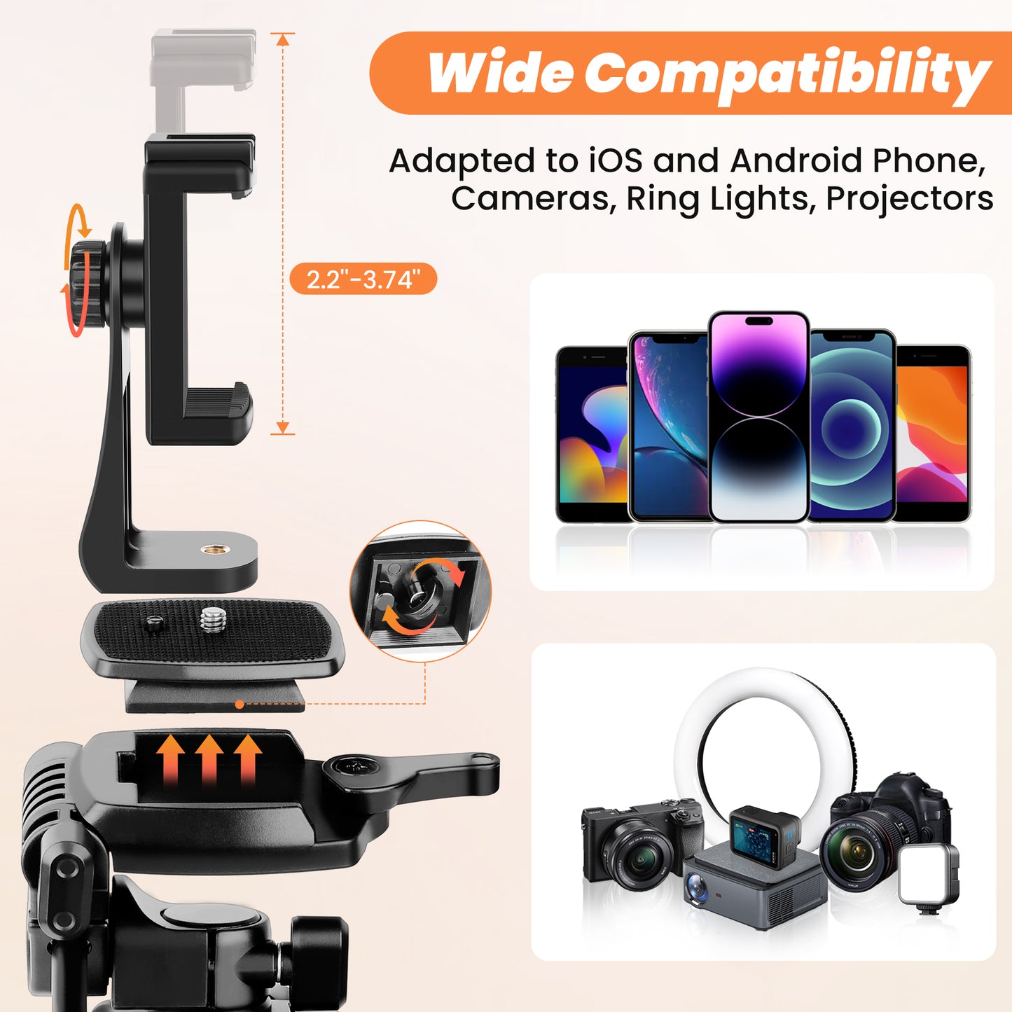 Camera Phone Tripod, 75'' Lightweight DSLR Camera Stand with 3 Way Pan Head, Horizontal Tripod for Smartphone with Remote and Carry Bag for Travel Video Photography YouTube Vlog(EU